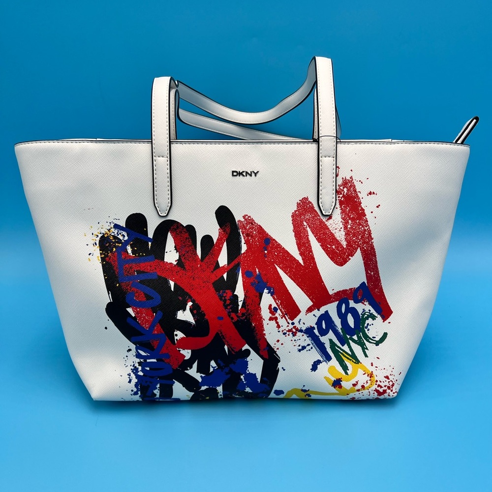 DKNY white/multi-colored graffiti tote